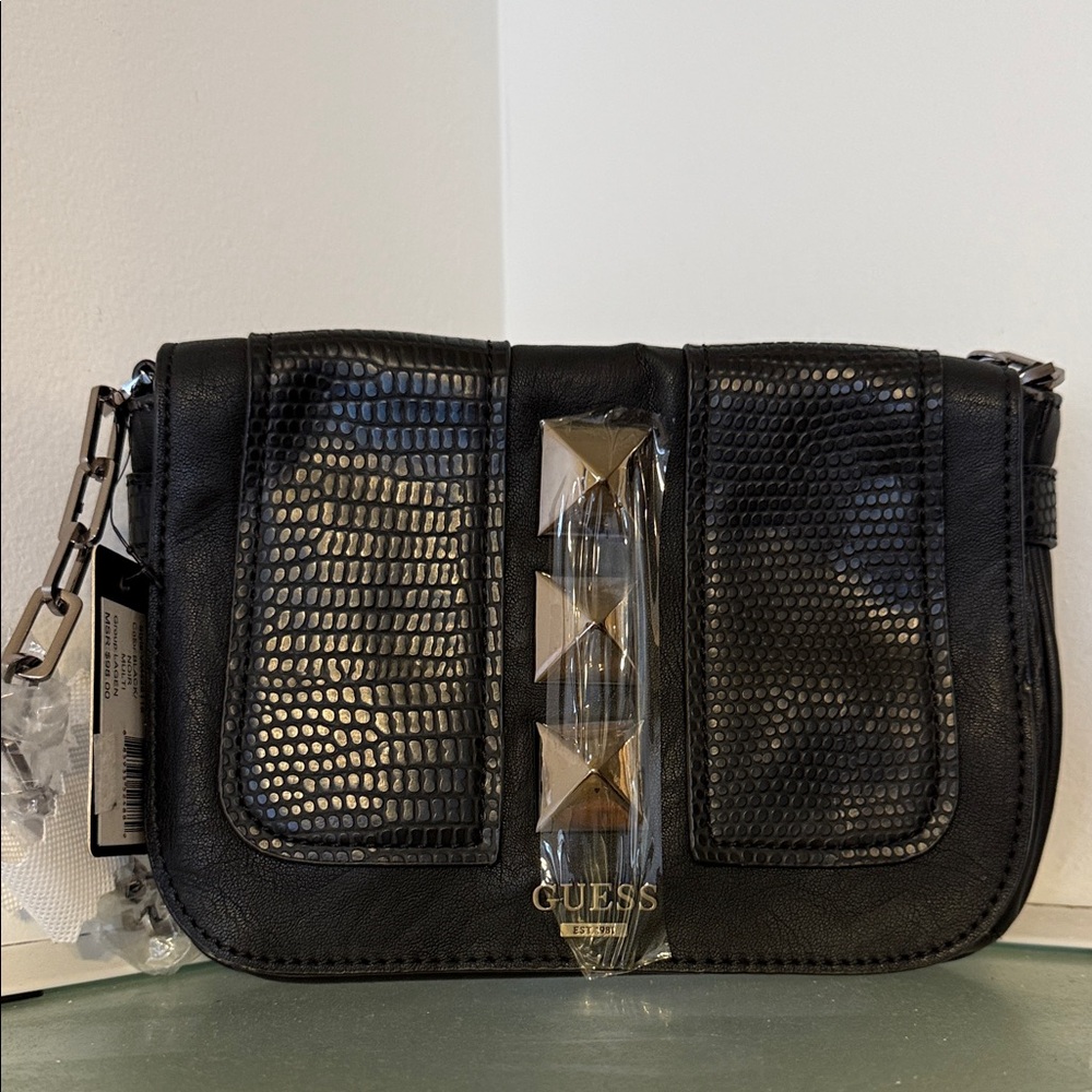 GUESS Textured Black Crossbody Bag with Gold Accents